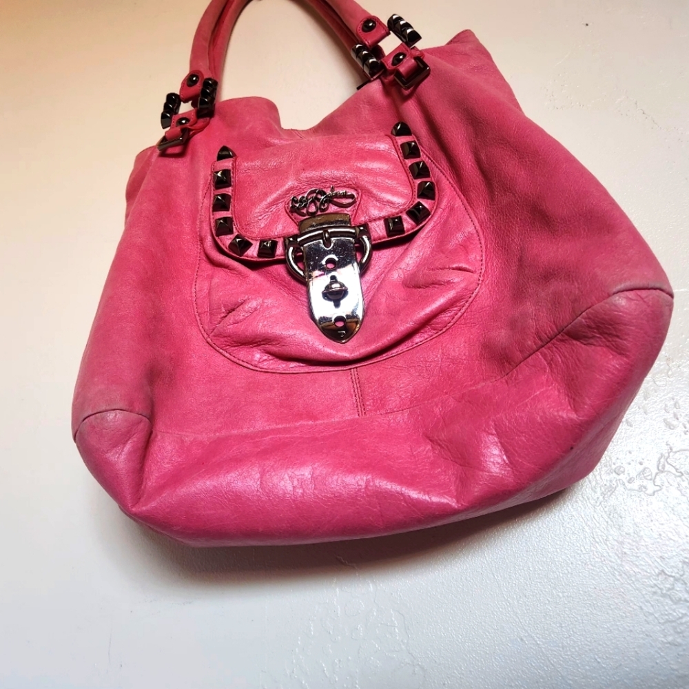 Preowned Betsey Johnson PINK W/BLACK STUDS Shoulder BAG Purse SATCHEL 14X15